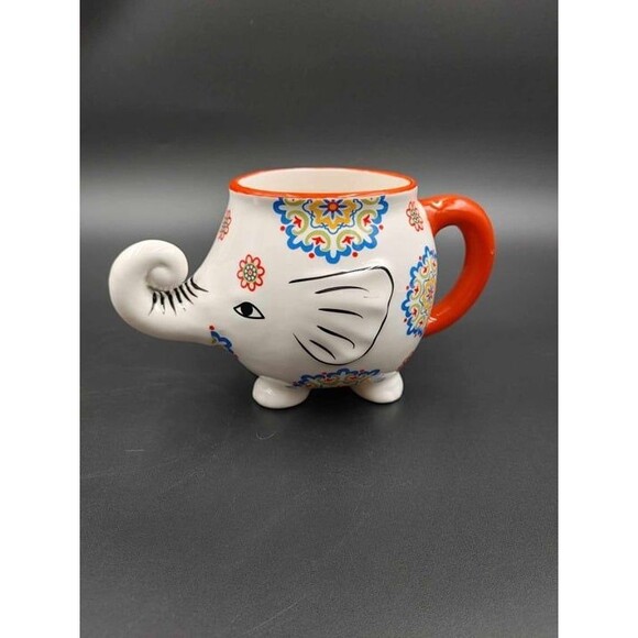 Elephant Coffee Cup Mug Hand Painted Ceramic 3D Trunk Lucky Trunk Up (B) - Picture 1 of 10